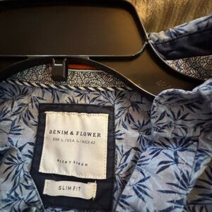 Denim & Flower Blue Leaf Print Casual Button Down Shirt